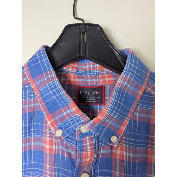 UNTUCKit Blue Red Plaid Size L 100% LINEN Button Down Casual Shirt Front Pocket - Picture 4 of 9